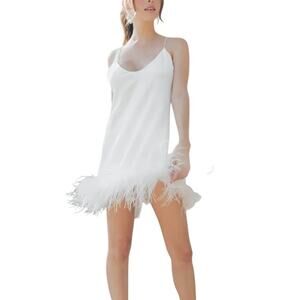 Untamed Petals Serena White Satin Feather Hem Bridal Bachelorette Mini Dress
